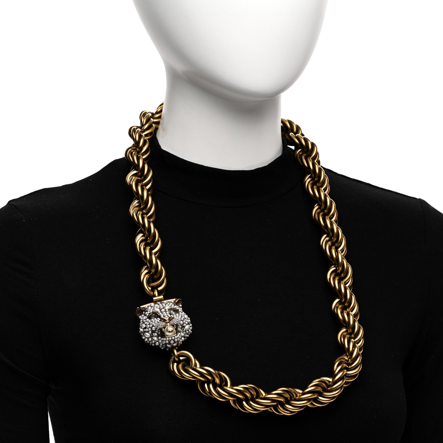 Gucci Metal Crystal Pearl Tiger Necklace Gold 2 of 5