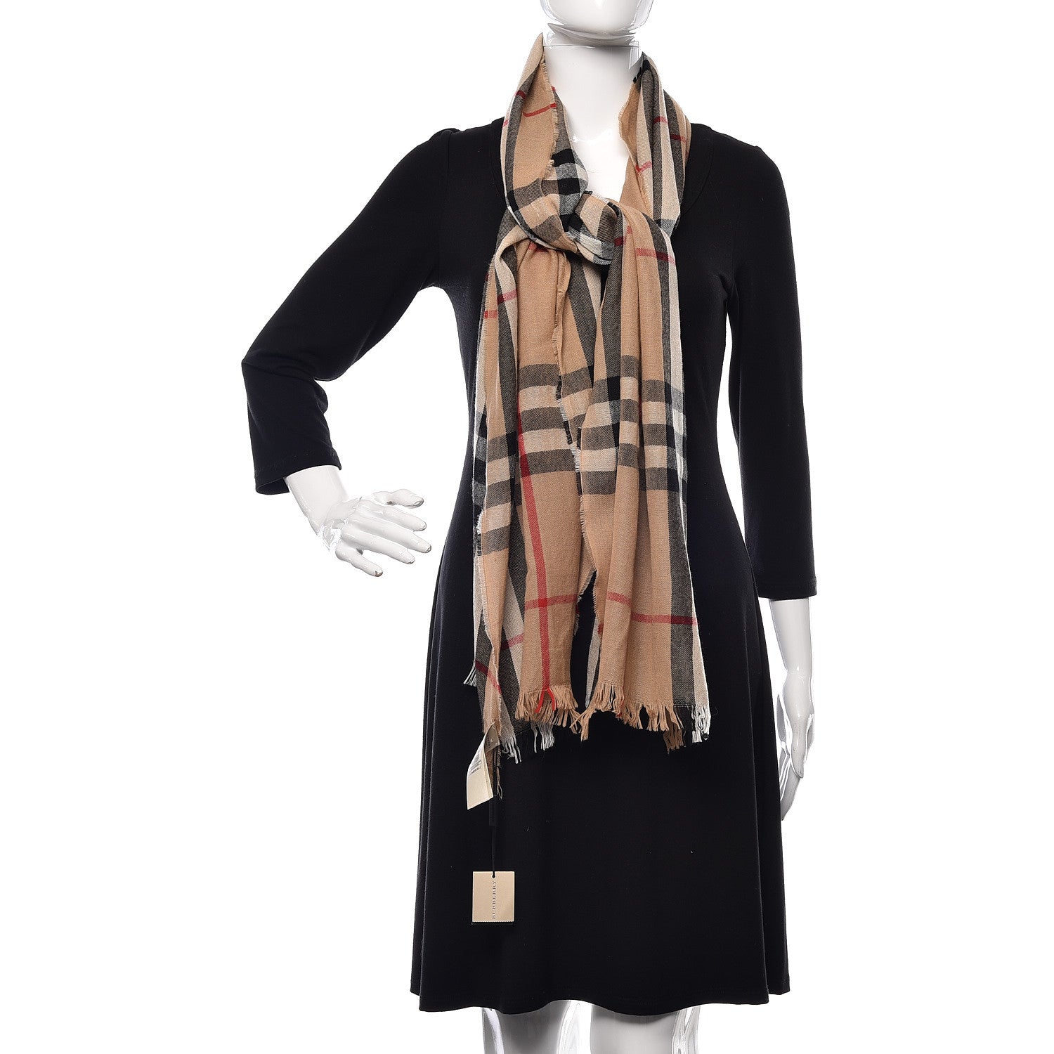 Burberry Merino Wool Cashmere Giant Check Lightweight Scarf Camel 2 of 5
