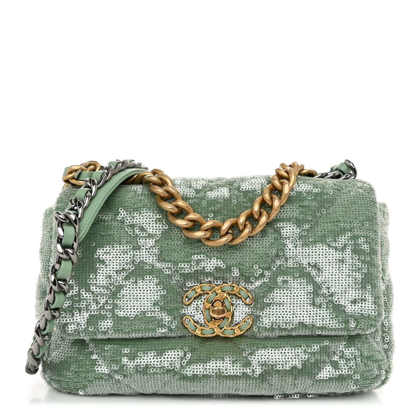 Sequin Quilted Medium Chanel 19 Flap Light Green