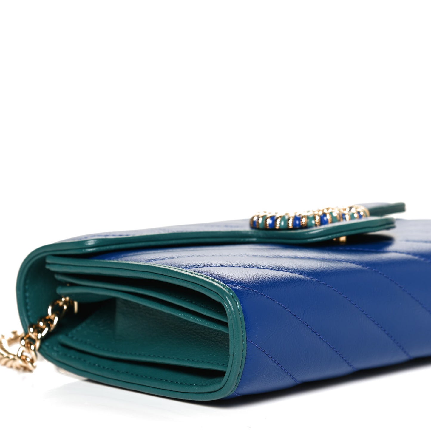 Azalea Calfskin Enamel Matelasse Diagonal Torchon GG Marmont Chain Wallet Imperial Blue Pavone
