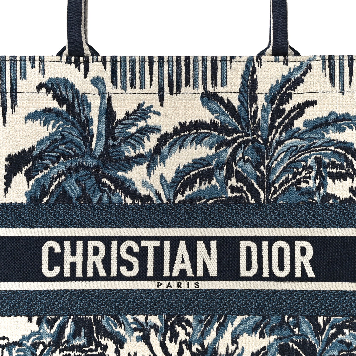 Canvas Embroidered Large Palm Tree Toile De Jouy Book Tote Blue Multicolor