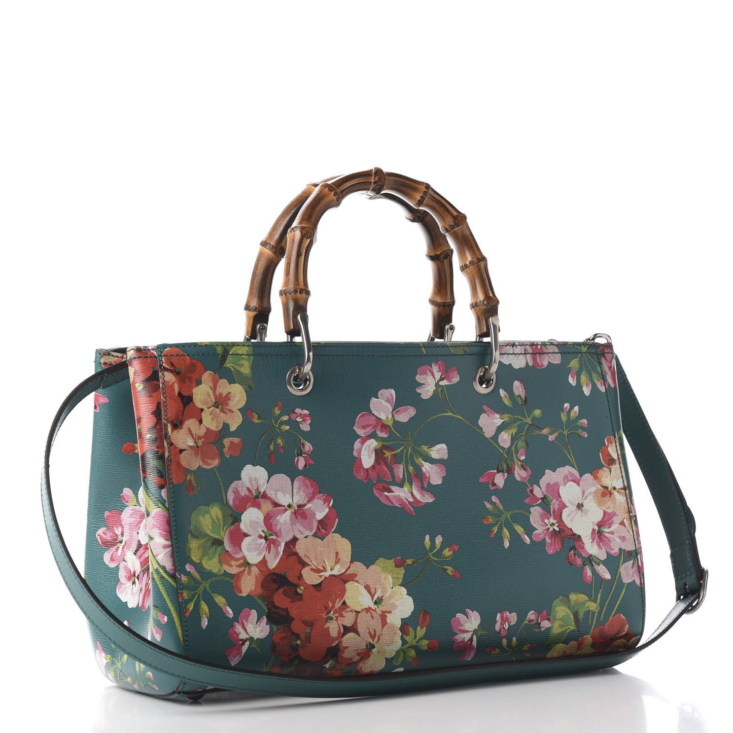 Shangai Calfskin Blooms Print Medium Bamboo Shopper Tote Bright Emerald Multicolor