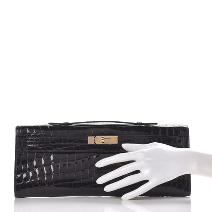 Hermes Shiny Niloticus Crocodile Kelly Cut Pochette Black 2 of 28