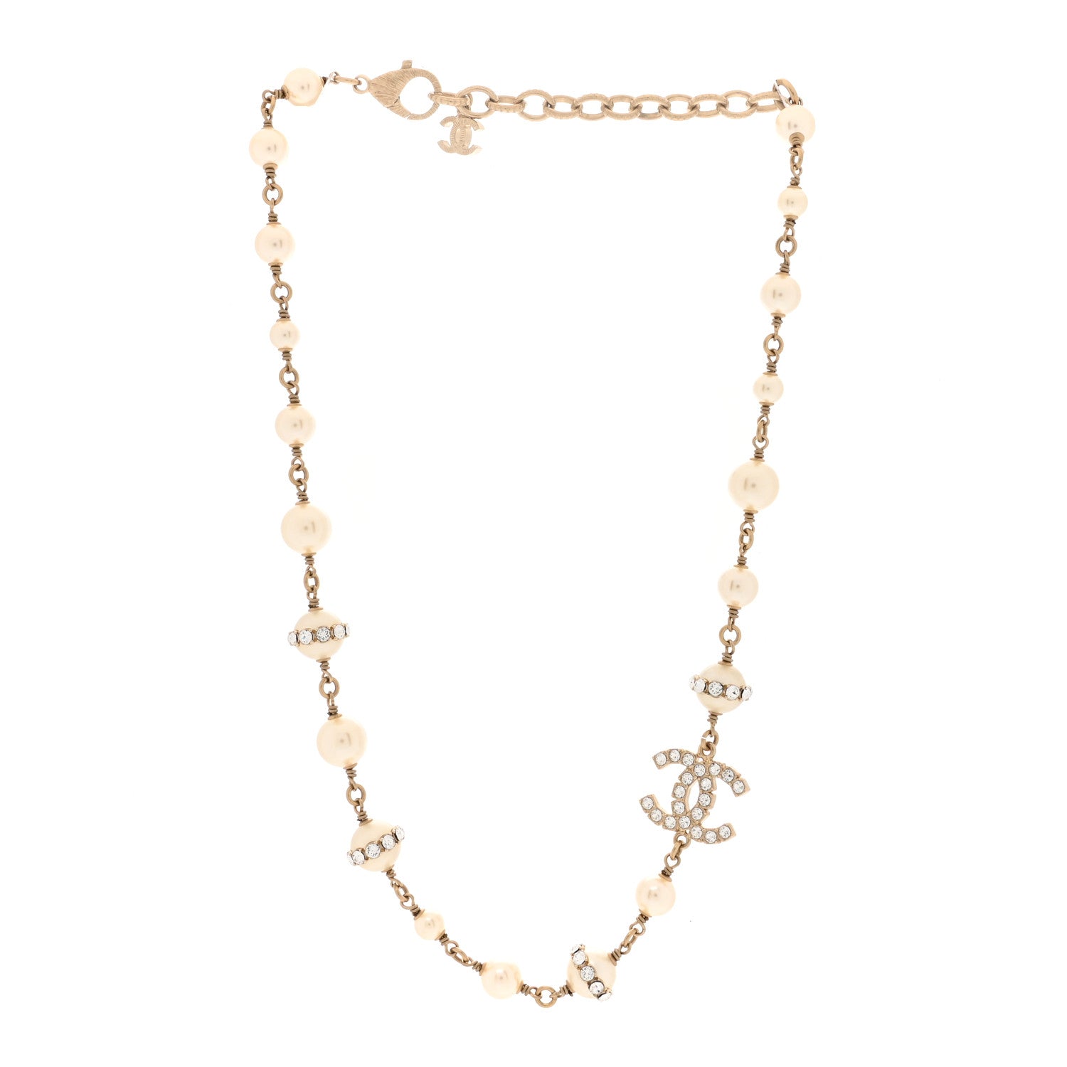 Chanel Crystal Pearl CC Short Necklace Gold 3 of 5