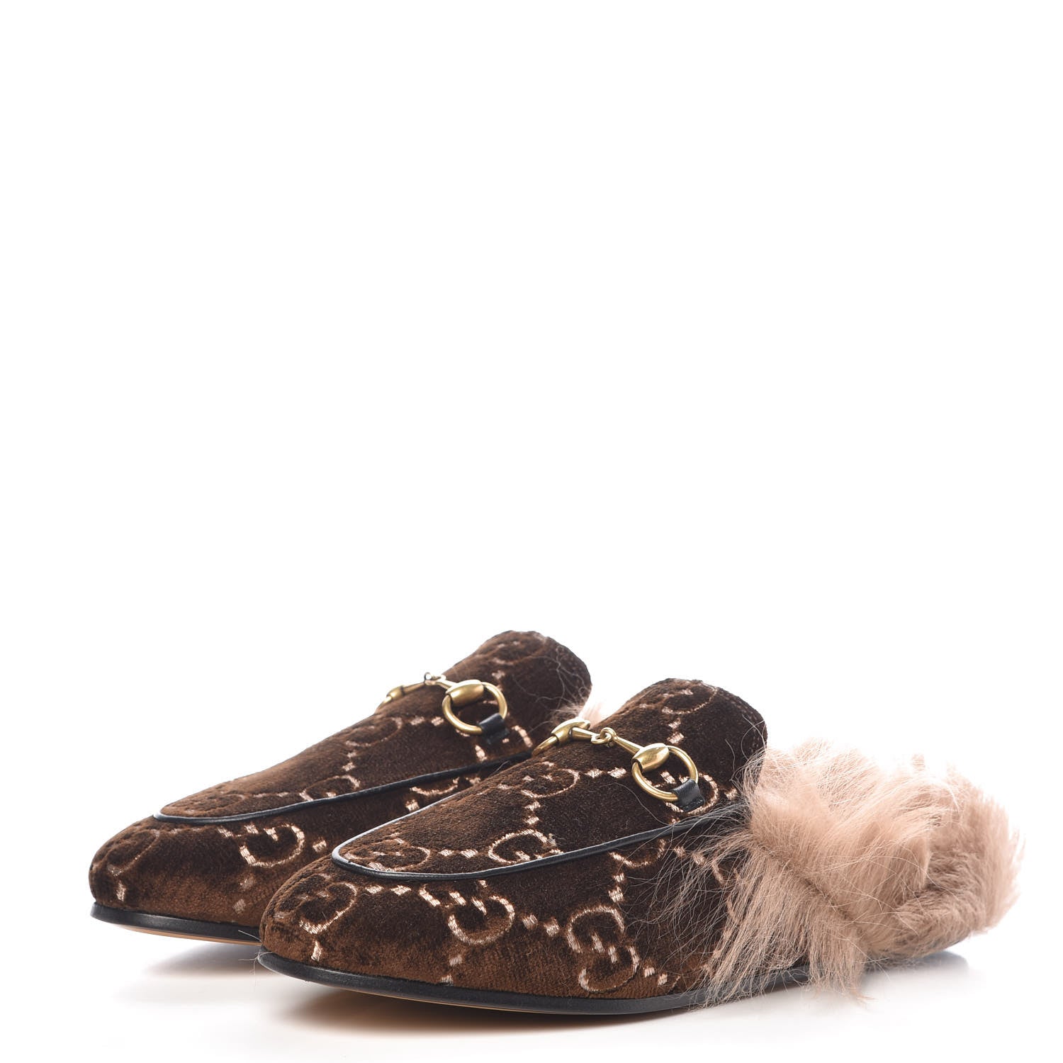 Gucci Velvet GG Monogram Fur Womens Princetown Slippers 36.5 Brown Black Natural 3 of 10