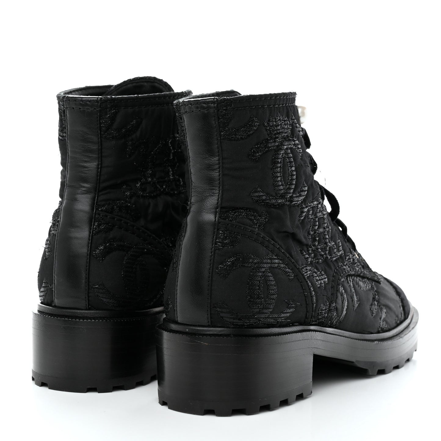 Tweed Grosgrain CC Combat Short Boots 38.5 Black