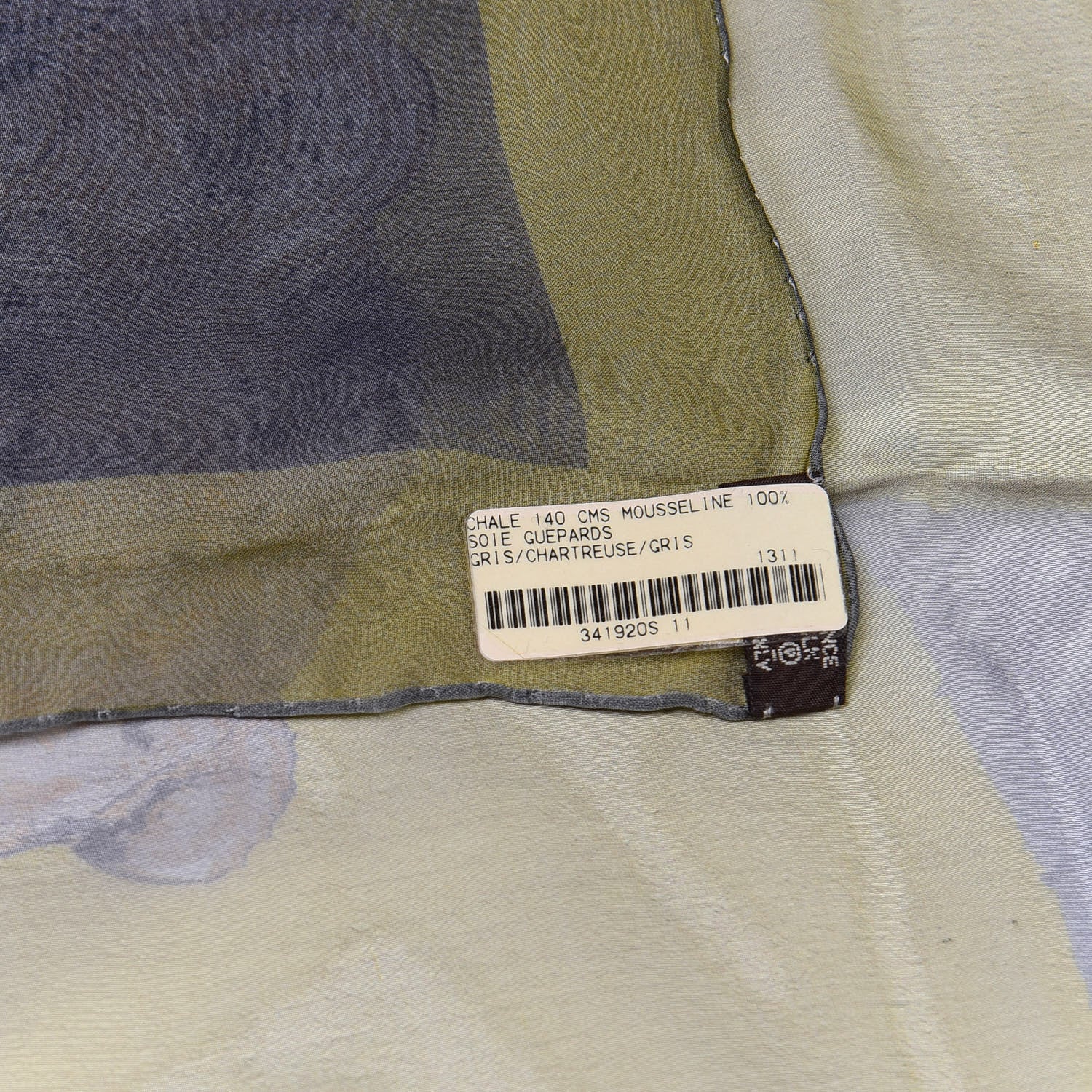 Hermes Silk Guepards Mousseline Shawl 140 Gris Chartreuse 3 of 3