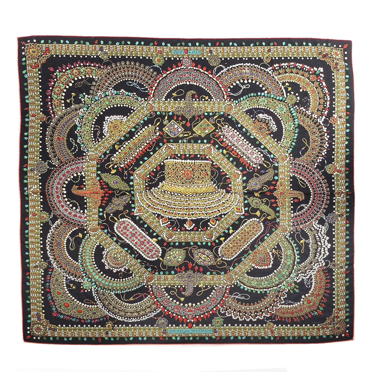 Hermes Cashmere Silk Parures Des Maharajas Shawl 140 Noir Vert Rouge 1 of 7