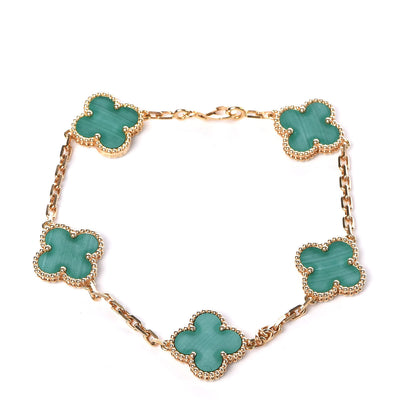Van Cleef & Arpels 18K Yellow Gold Malachite 5 Motifs Vintage Alhambra Bracelet 1 of 7