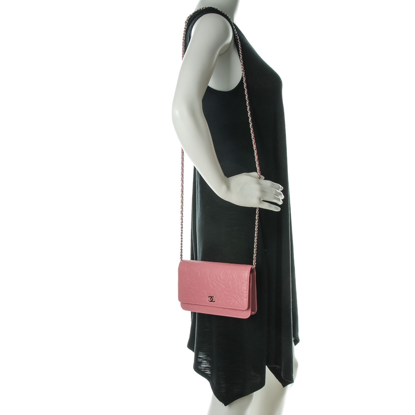 Lambskin Camellia Embossed Wallet on Chain WOC Pink