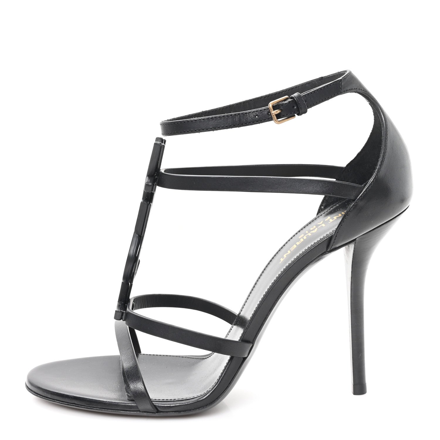 Saint Laurent Calfskin Cassandra Palm Logo 110 Ankle Strap Sandals 40 Black 1 of 9