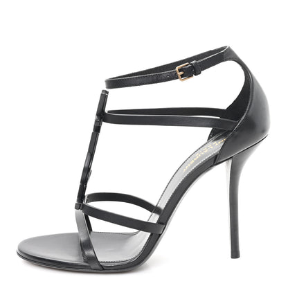 Saint Laurent Calfskin Cassandra Palm Logo 110 Ankle Strap Sandals 40 Black 1 of 9