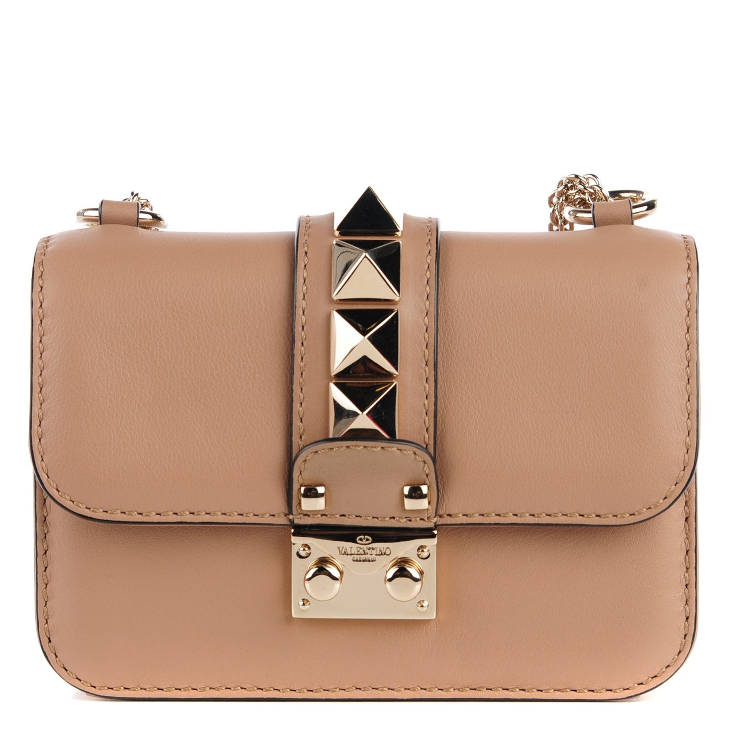 Vitello Mini Glam Lock Rockstud Flap Beige