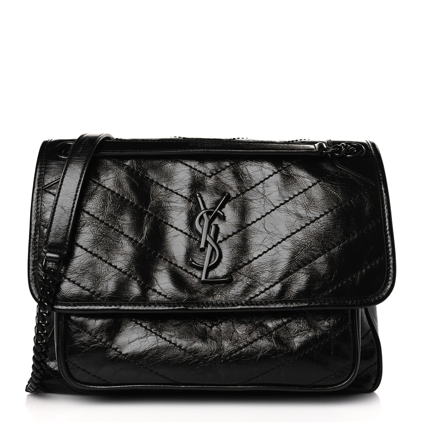 Crinkled Calfskin Matelasse Monogram Medium Niki Chain Satchel Black