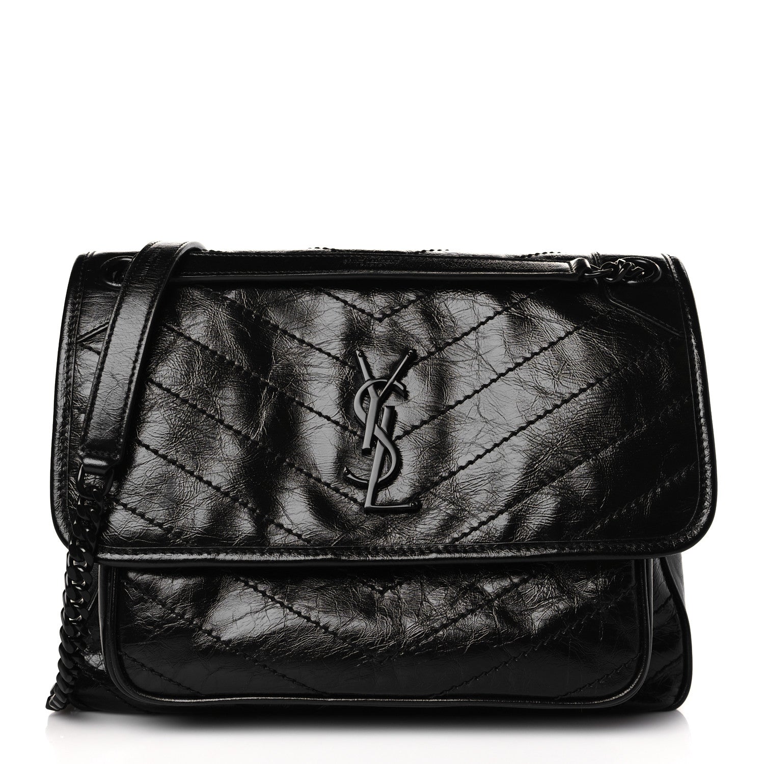 Saint Laurent Crinkled Calfskin Matelasse Monogram Medium Niki Chain Satchel Black 1 of 9