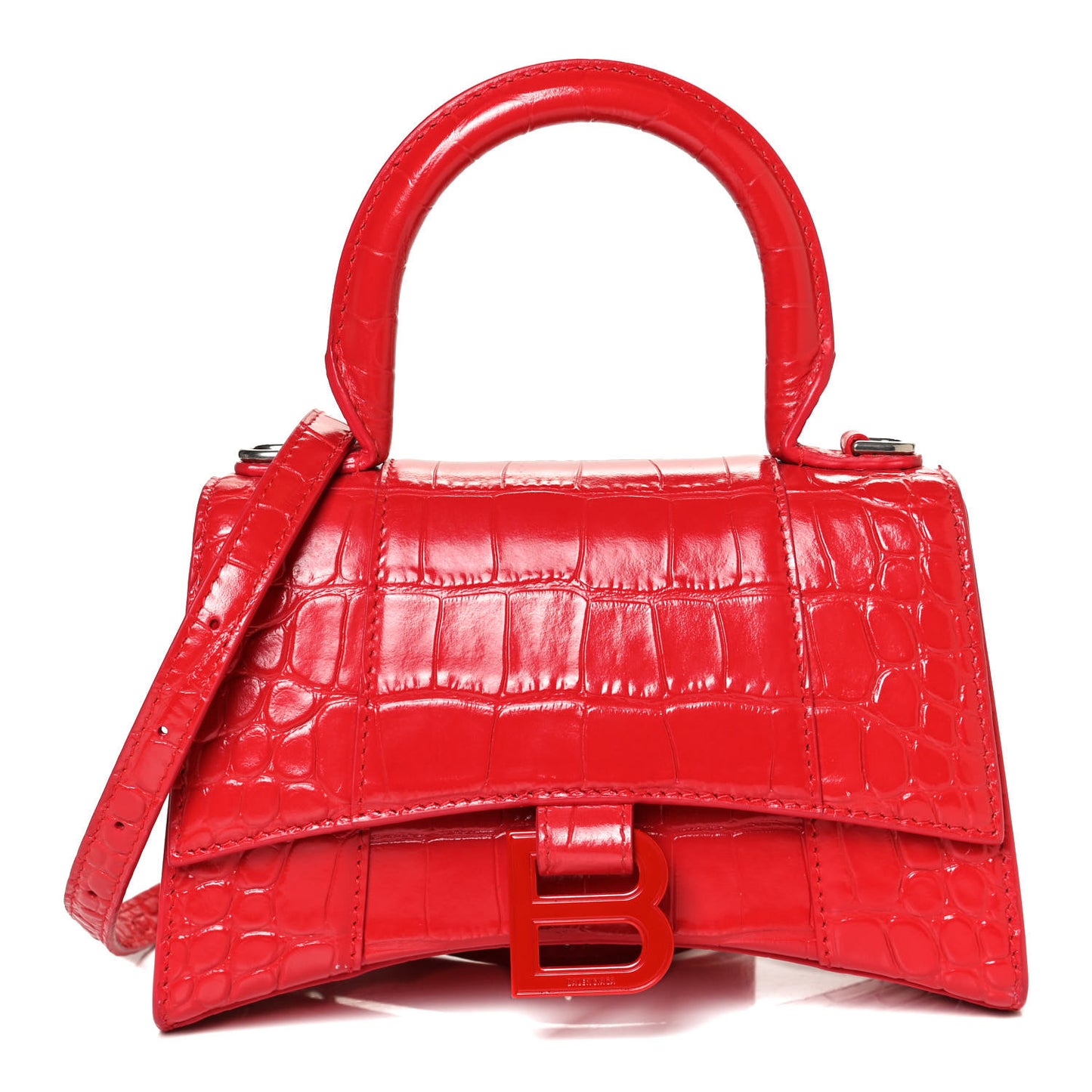 Shiny Calfskin Tonal B Crocodile Embossed Hourglass Top Handle Bag XS Bright Red