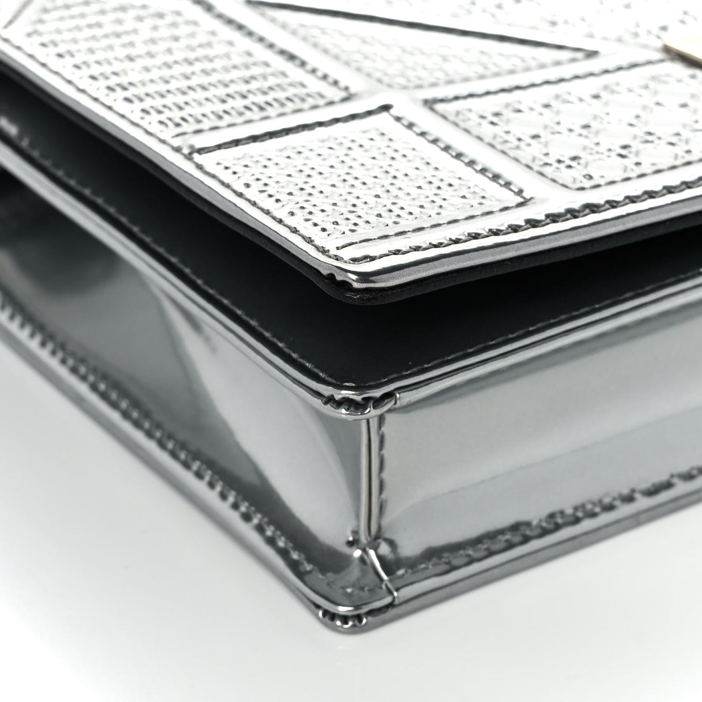 Metallic Patent Micro-Cannage Diorama Wallet on Chain Pouch Silver