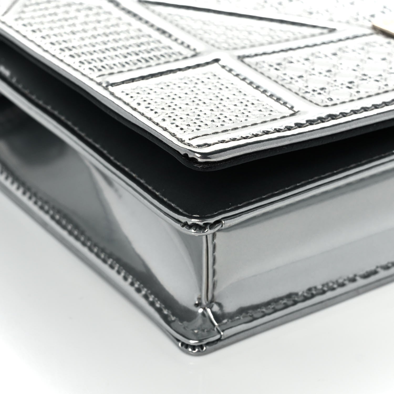 Christian Dior Metallic Patent Micro-Cannage Diorama Wallet on Chain Pouch Silver 9 of 11
