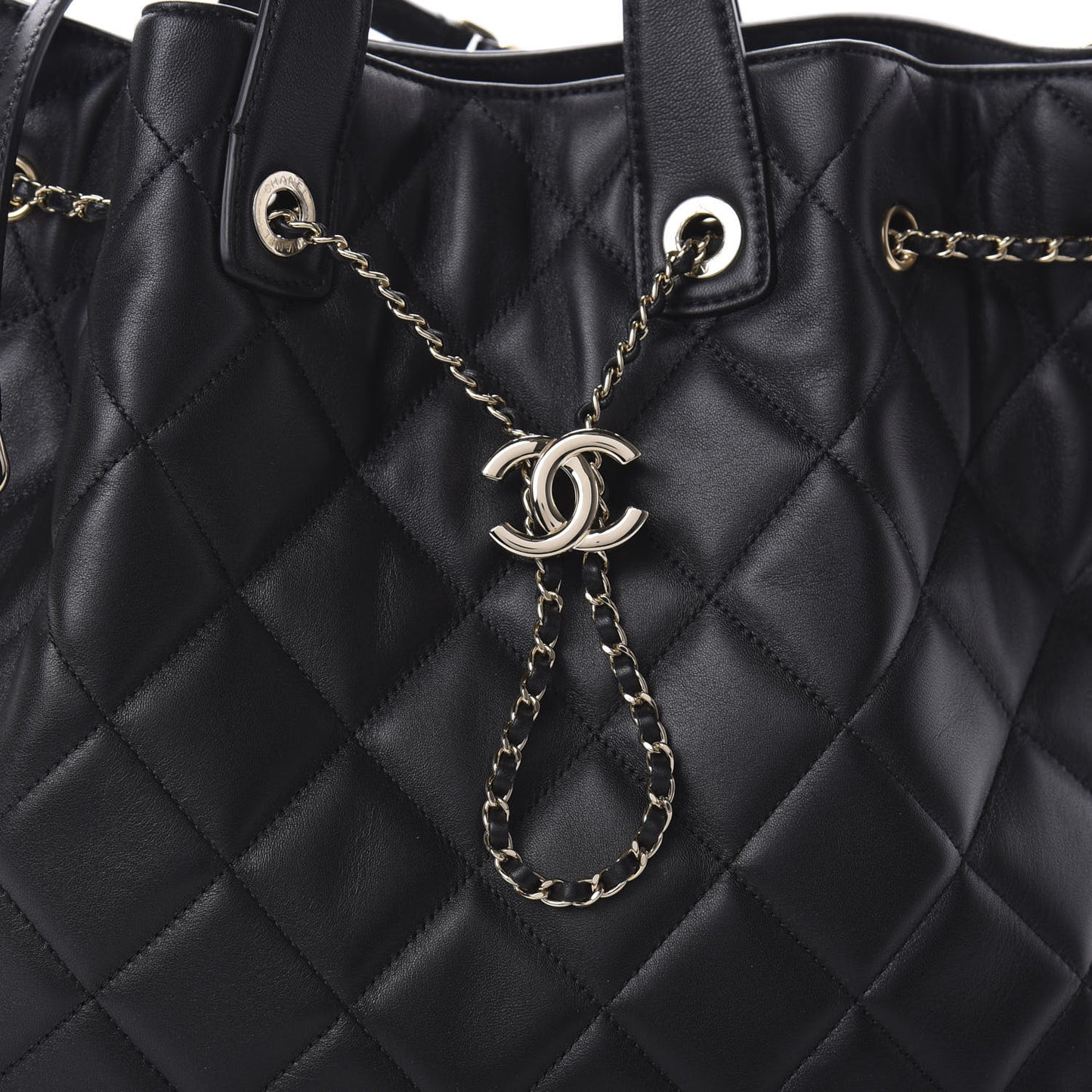 Lambskin Quilted CC Dweller Drawstring Tote Black