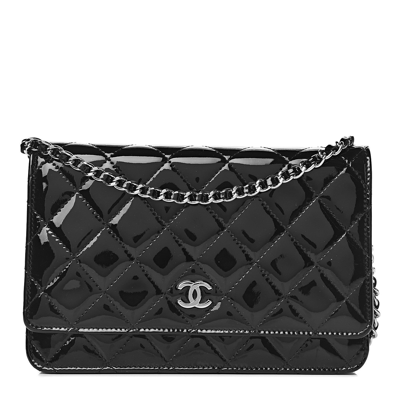 Chanel Patent Quilted Wallet On Chain WOC Black 1 of 14