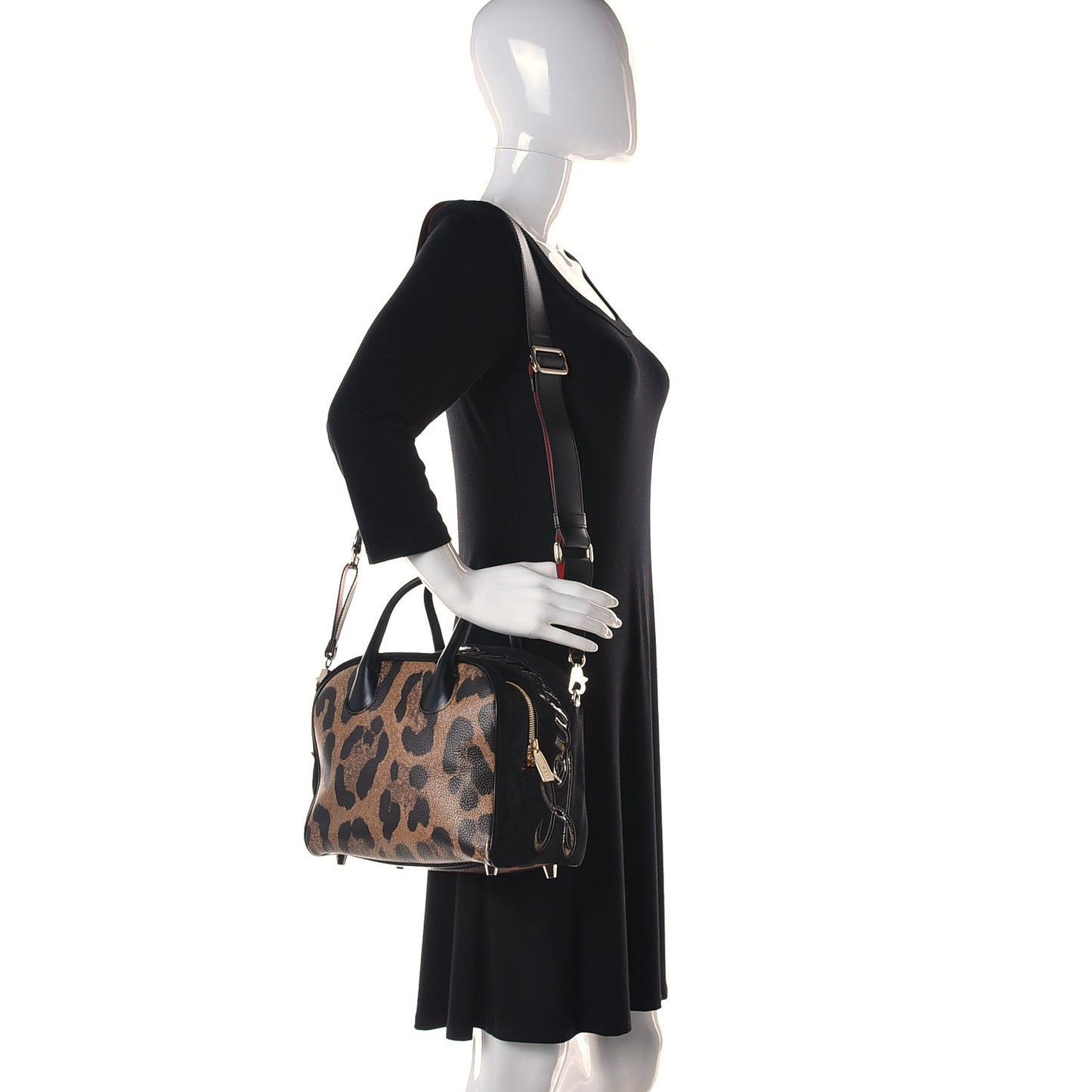 Suede Calfskin Leopard Print Small Marie Jane Top Handle Black