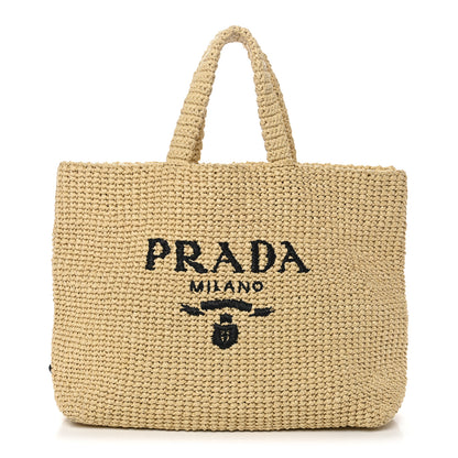 Prada Yarn Raffia Effect Crochet Embroidered Logo Tote Naturale 1 of 9
