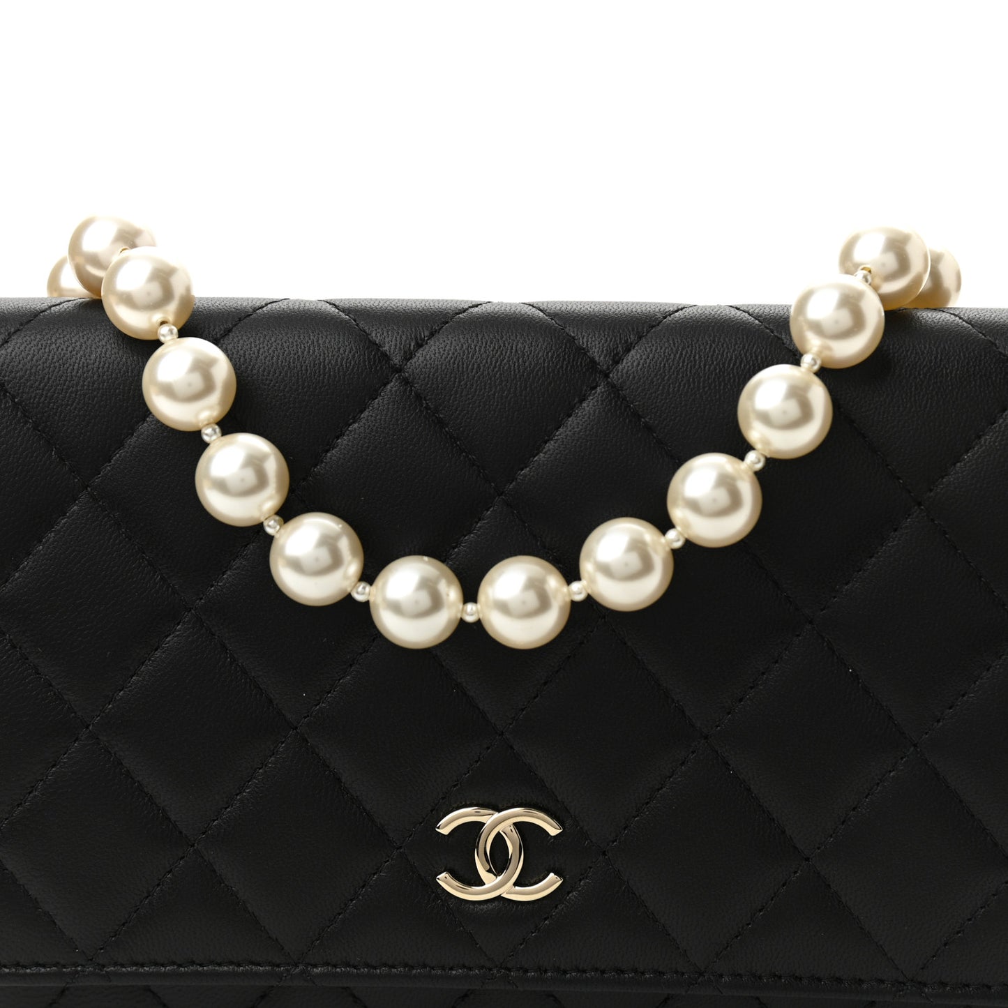 Lambskin Quilted Pearl Wallet On Chain WOC Black