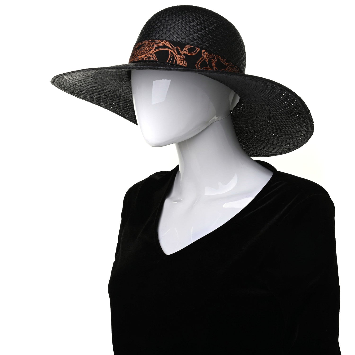 Hermes Straw Brides De Gala Panama Carrousel Hat 57 Black Terracotta 2 of 8