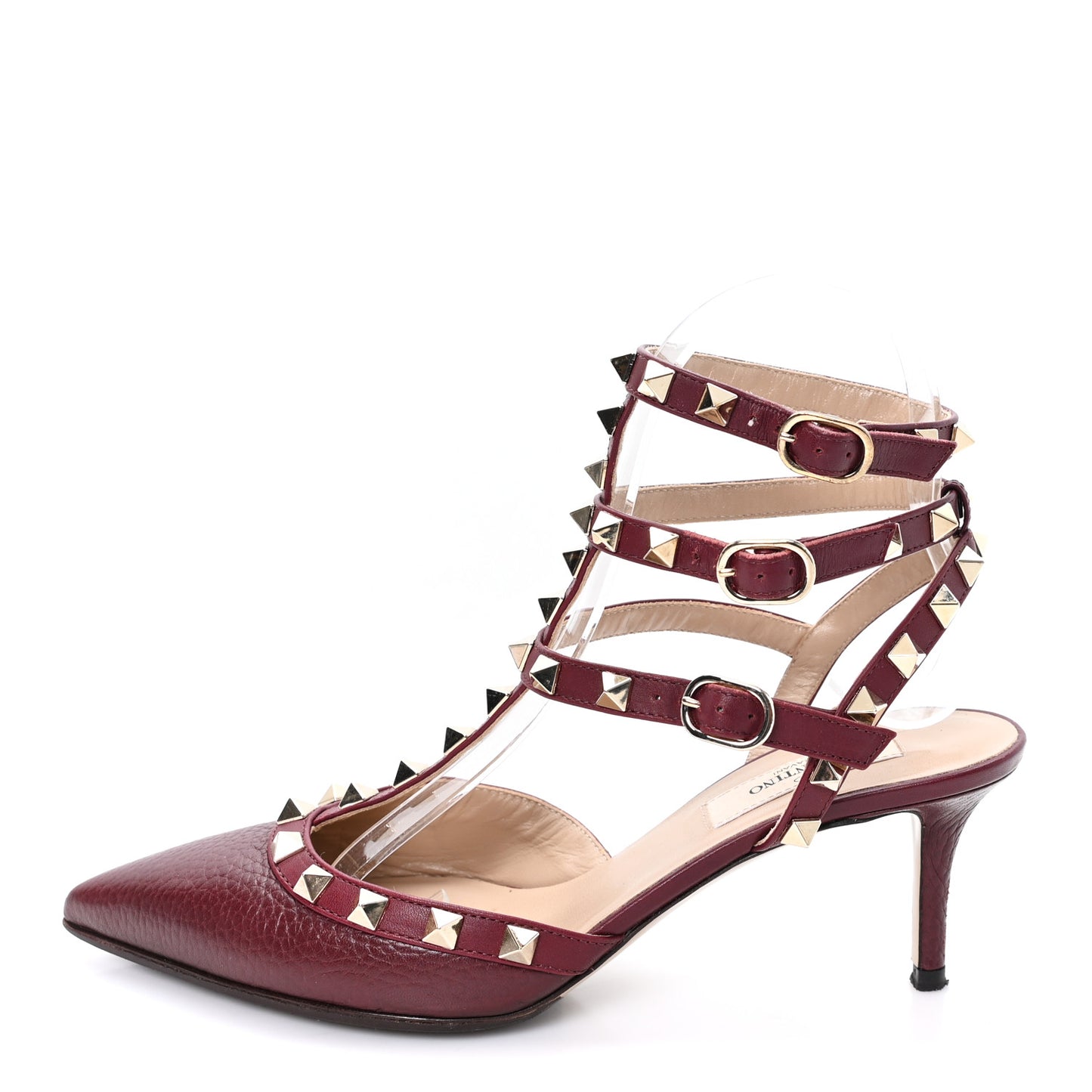 Pebbled Calfskin Rockstud Ankle Strap 65mm Pumps 36 Rubino