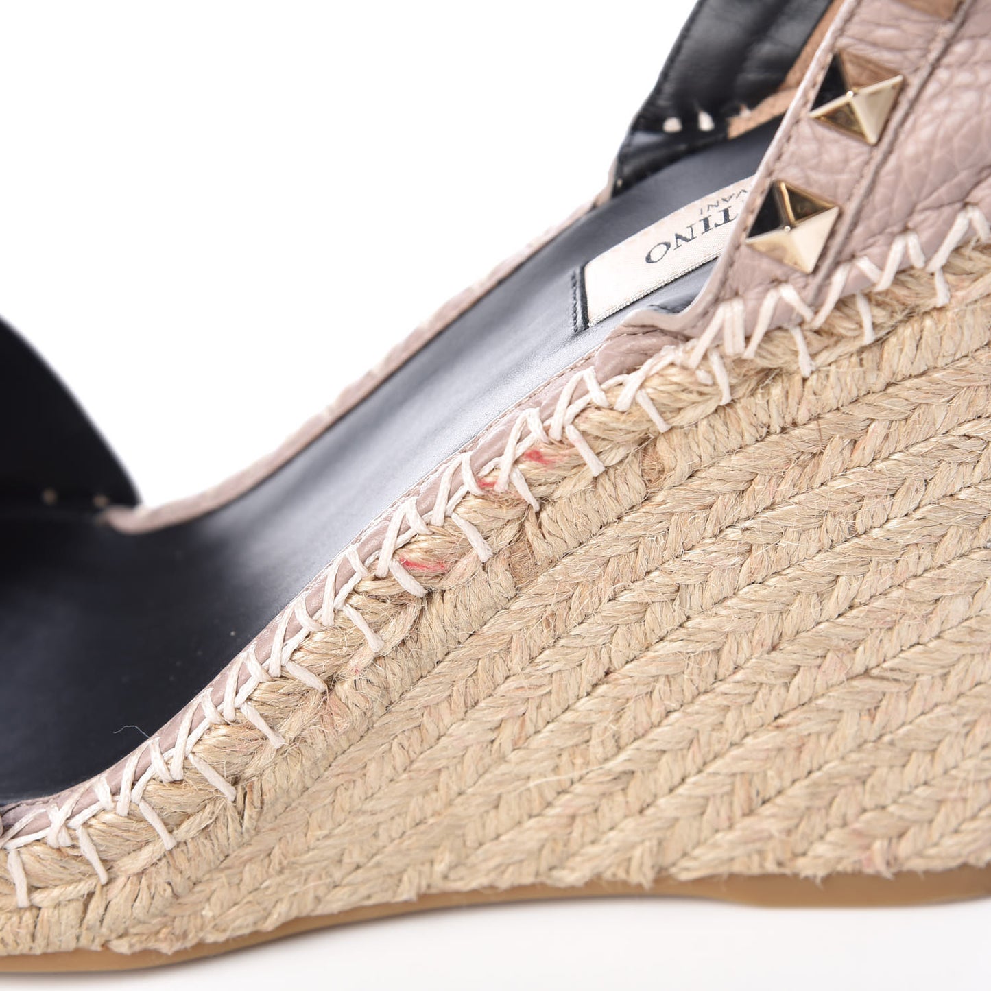 Grained Calfskin Rockstud Ankle Strap Espadrille 15/105mm Wedge Sandals 38 Poudre Natural
