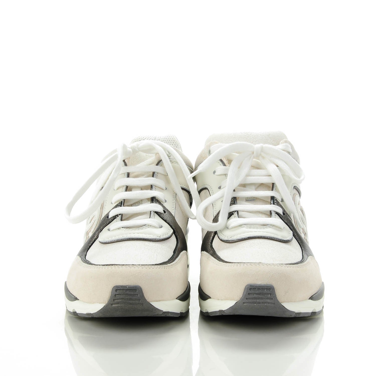 Chanel Suede Calfskin CC Sneakers 37.5 White Grey 2 of 8