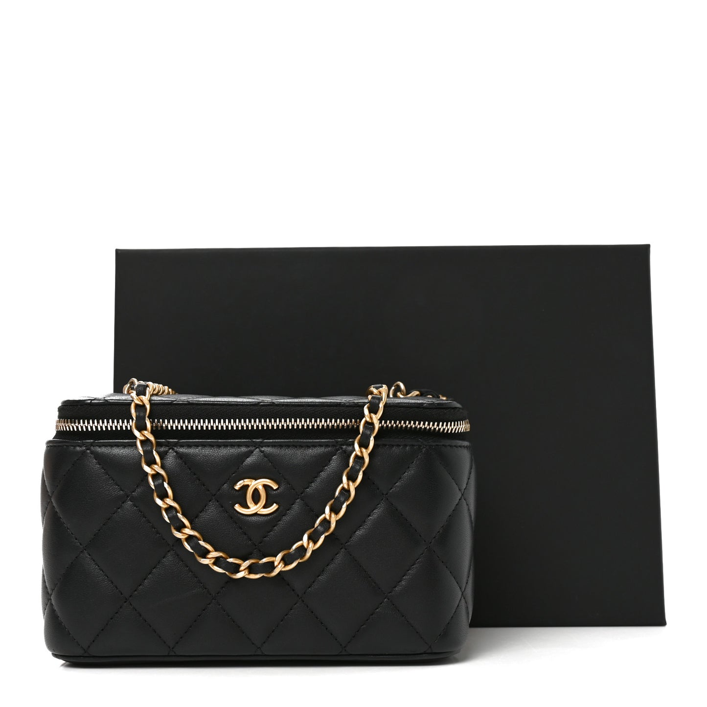 Lambskin Quilted Pearl Crush Small Vanity Case With Chain Black