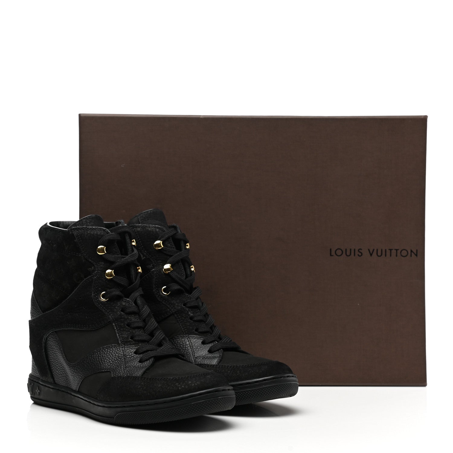 Louis Vuitton Calfskin Suede Monogram Cliff Top Wedge Sneakers 38 Navy 10 of 10