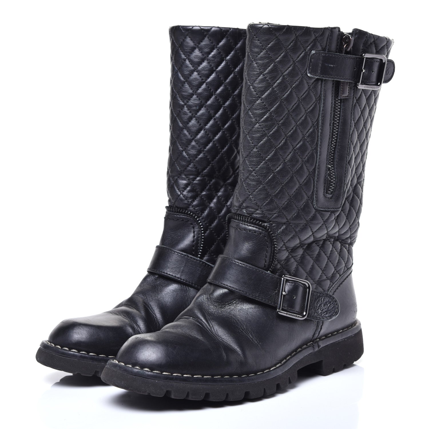 Chanel Calfskin Quilted Biker Boots 36.5 Black 3 of 9