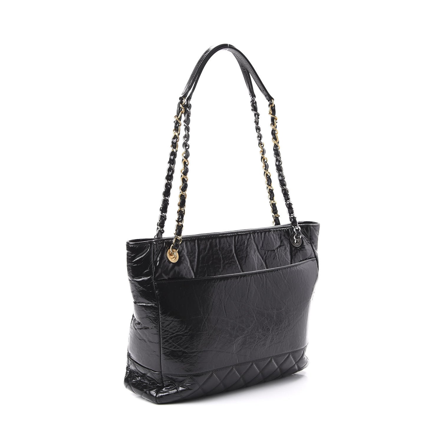 Shiny Aged Calfskin Quilted Small Shopping Bag Black