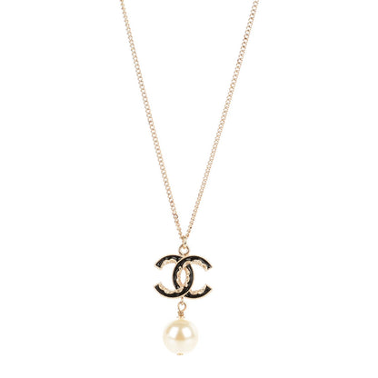 Chanel Enamel CC Pearl Drop Necklace Black Gold 1 of 6
