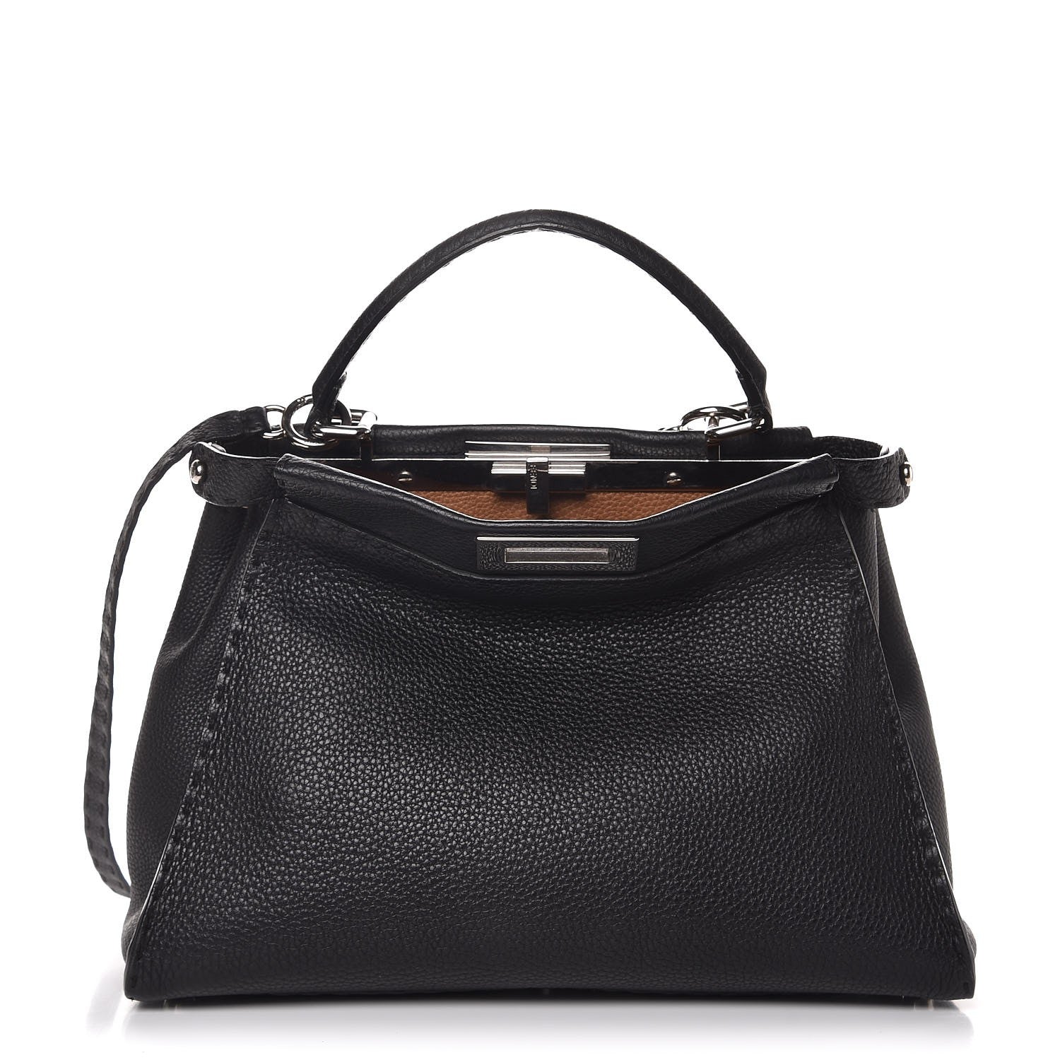 Fendi Cuoio Romano Selleria Bi-Color Medium Peekaboo Iconic Satchel Black Mou 1 of 8