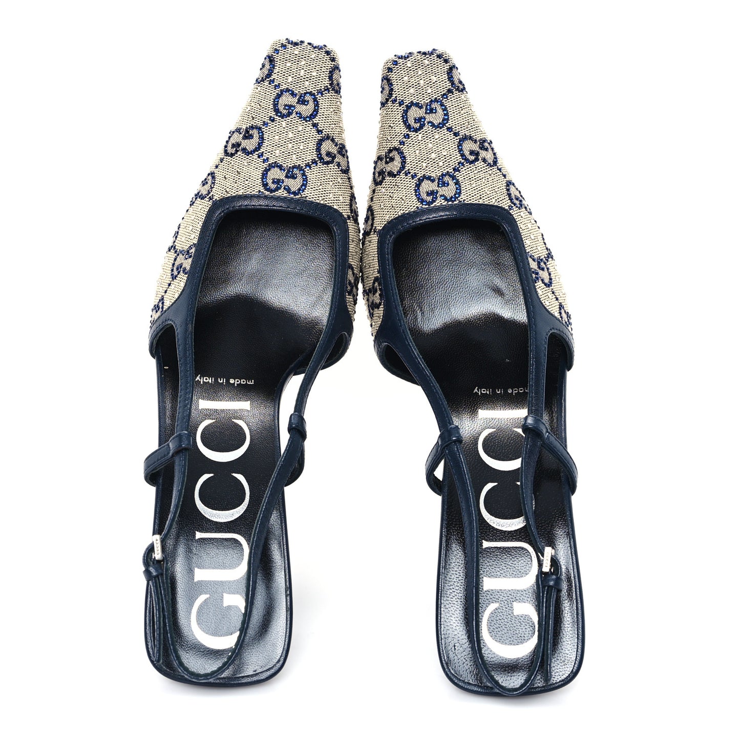 GG Monogram Malaga Kid Crystal Square G 75mm Slingback Pumps 37 Beige Blue