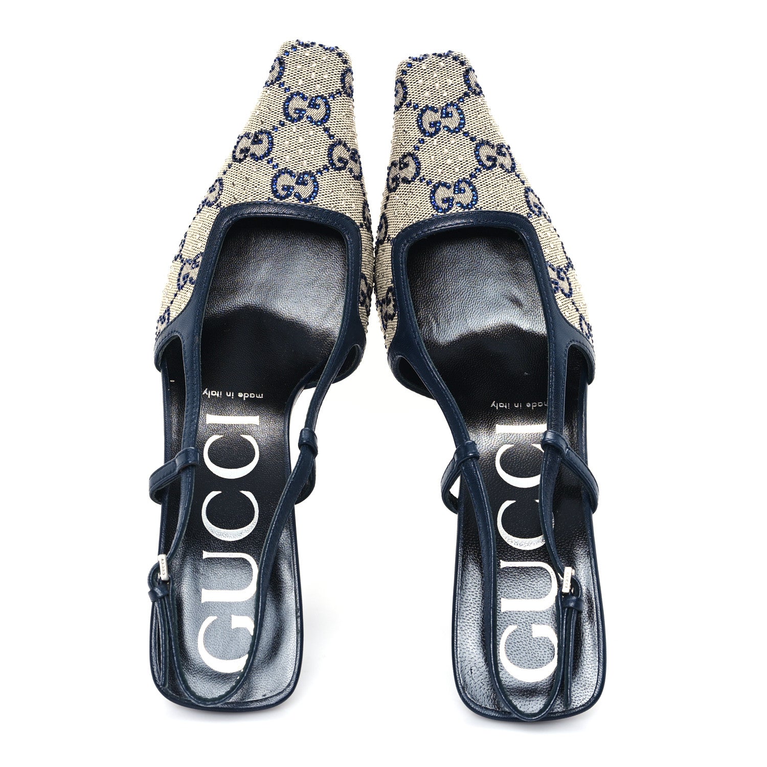 Gucci GG Monogram Malaga Kid Crystal Square G 75mm Slingback Pumps 37 Beige Blue 5 of 9