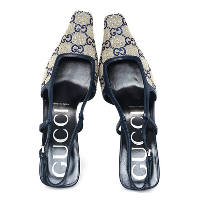Gucci GG Monogram Malaga Kid Crystal Square G 75mm Slingback Pumps 37 Beige Blue 5 of 9