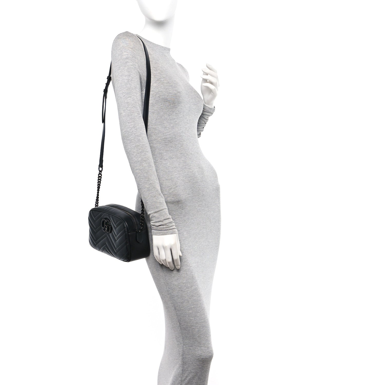 Gucci Calfskin Matelasse Monochrome Small GG Marmont Chain Shoulder Bag Black 2 of 11