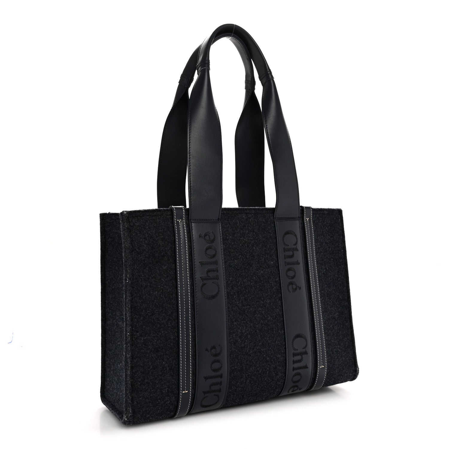 Chloe Felt Shiny Calfskin Medium Woody Ribbon Tote Obscure Navy