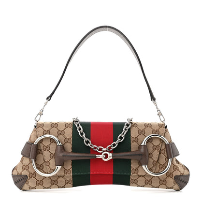 Gucci Monogram Textured Dollar Calfskin Heavy Grosgrain Web Medium Maxi Horsebit Chain Shoulder Bag Beige Ebony New Acero 1 of 10