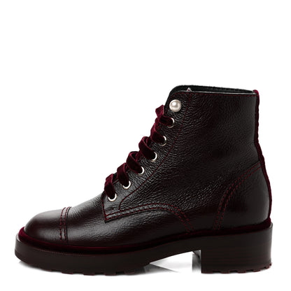 Chanel Calfskin Velvet Pearl Combat Short Boots 37.5 Burgundy 1 of 6
