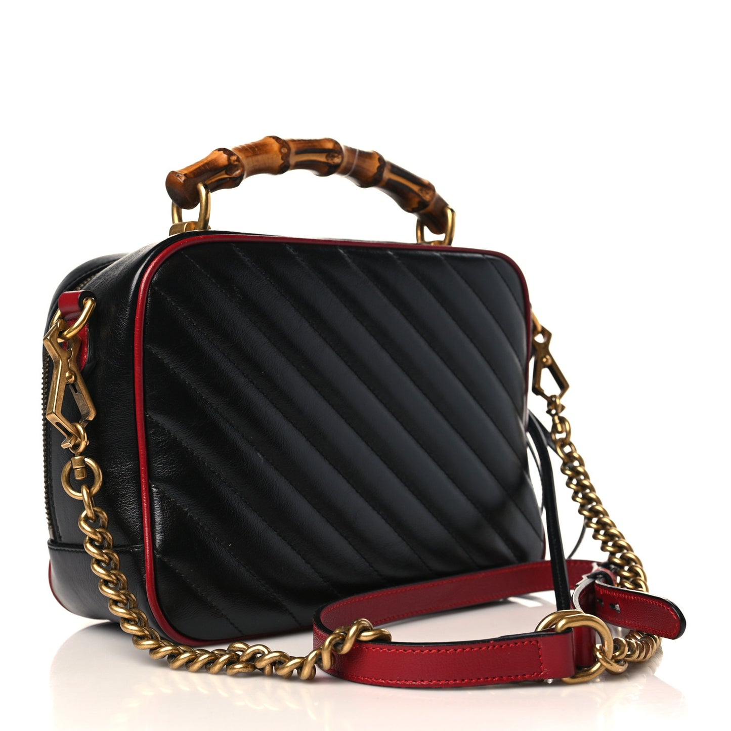 Vintage Effect Calfskin Matelasse Diagonal Small Torchon GG Marmont Bamboo Top Handle Shoulder Bag Black Romantic Cherry