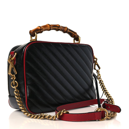 Gucci Vintage Effect Calfskin Matelasse Diagonal Small Torchon GG Marmont Bamboo Top Handle Shoulder Bag Black Romantic Cherry 3 of 9