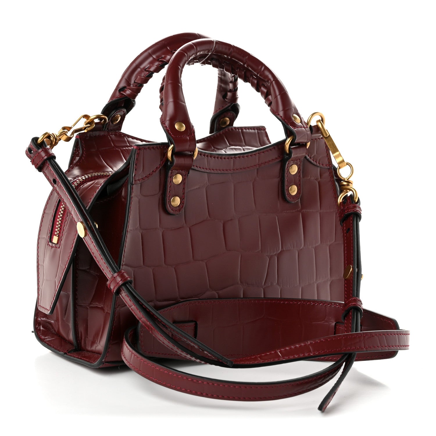 Balenciaga Semi Shiny Calfskin Crocodile Embossed Neo Classic Gold Hardware Mini City Dark Red 3 of 10