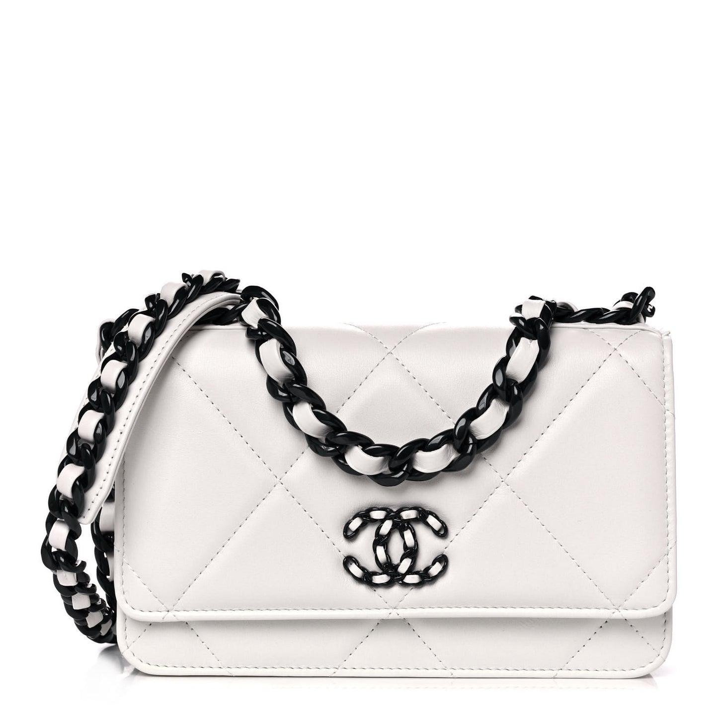 Glossy Calfskin Quilted Chanel 19 Wallet On Chain WOC White Black
