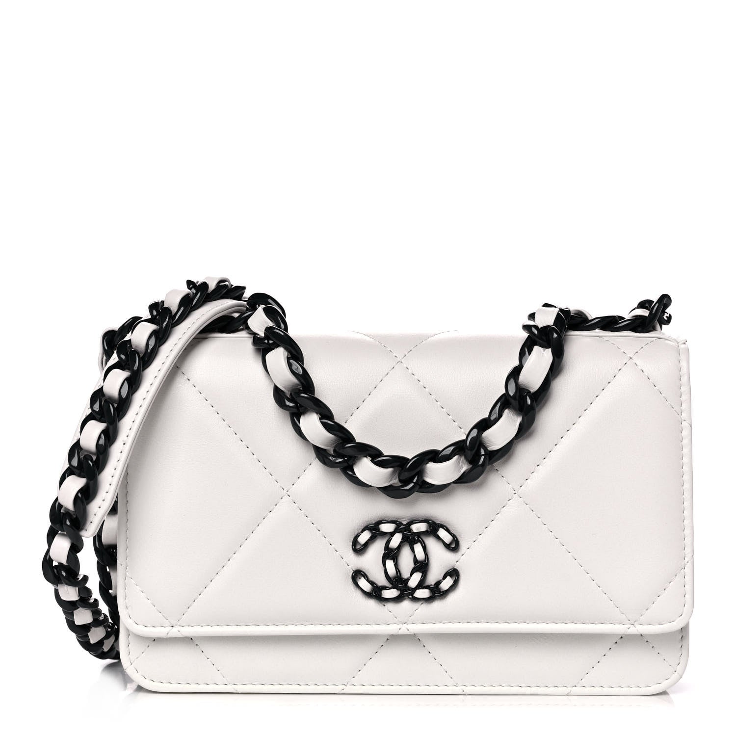 Chanel Glossy Calfskin Quilted Chanel 19 Wallet On Chain WOC White Black 1 of 15