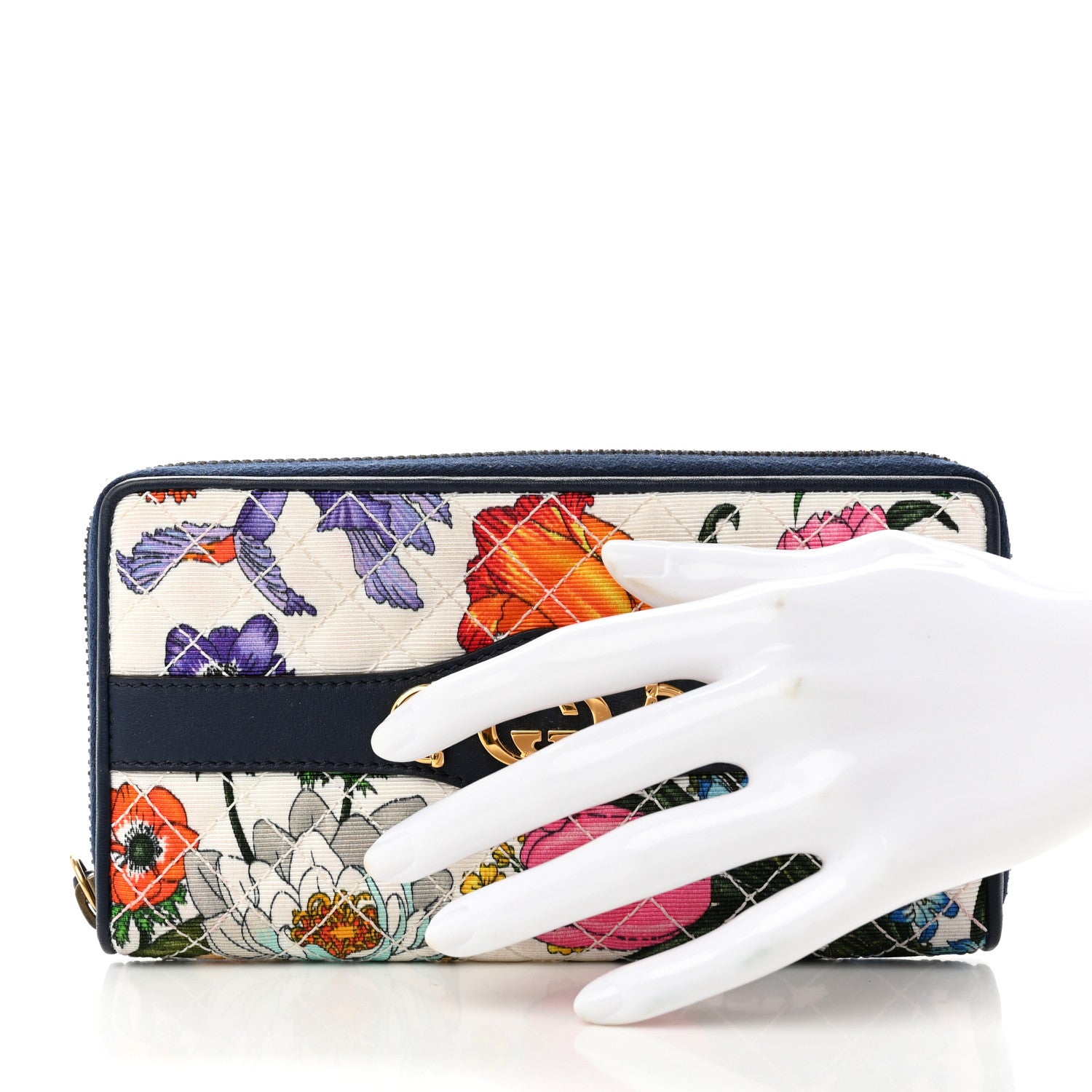 Gucci Canvas Flora Floral Trapuntata Zumi Zip Around Wallet Great White Multicolor Blue Agata 2 of 9